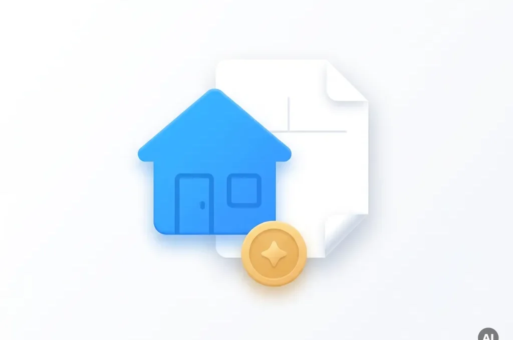 Minimalistisch flat-style icoon van een blauw huis, wit document en gouden munt op witte achtergrond.
