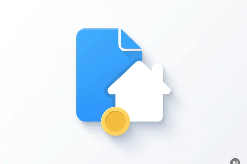 Blauw documentpictogram overlappend met een wit huissilhouet en een gouden munt, moderne platte illustratie op witte achtergrond.
