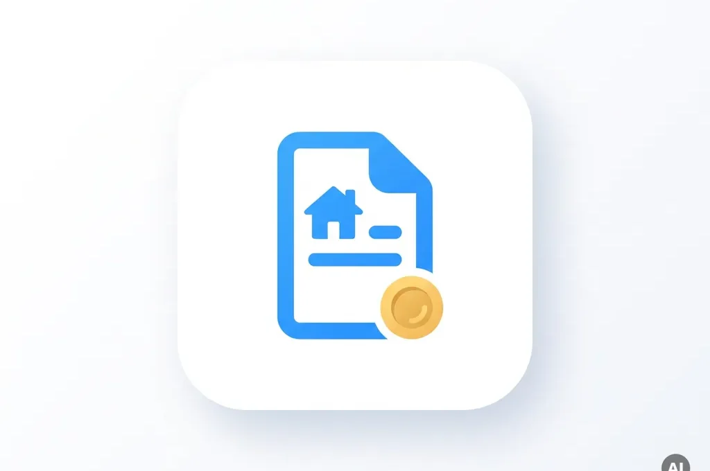 Minimalistisch flat design icoon met huissymbool en gouden munt op wit vlak, blauwe en witte tinten.