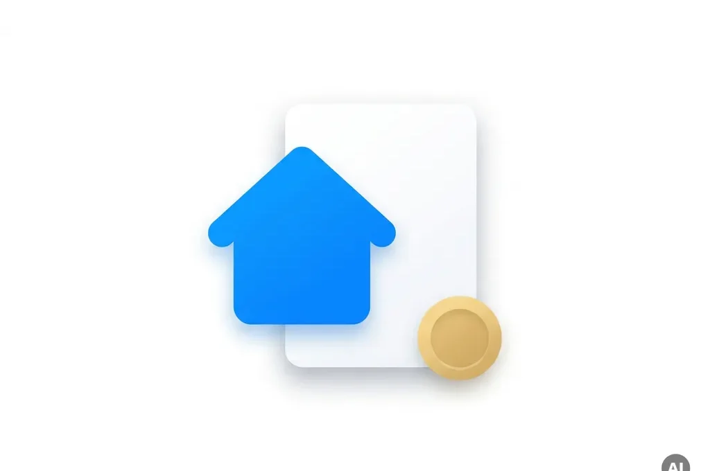 Blauw huis-icoon met wit document en gouden munt, moderne flat design illustratie voor hypotheek of vastgoed.