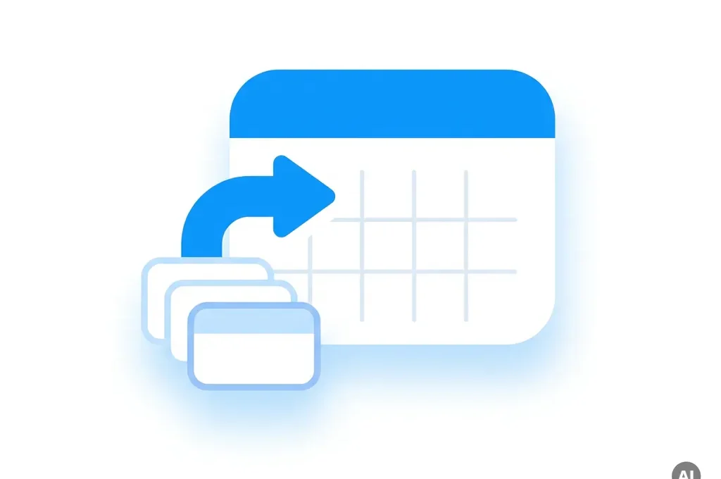 Blauw kalender-icoon met pijl vanuit boekingskaarten, minimalistische flat design illustratie op witte achtergrond.