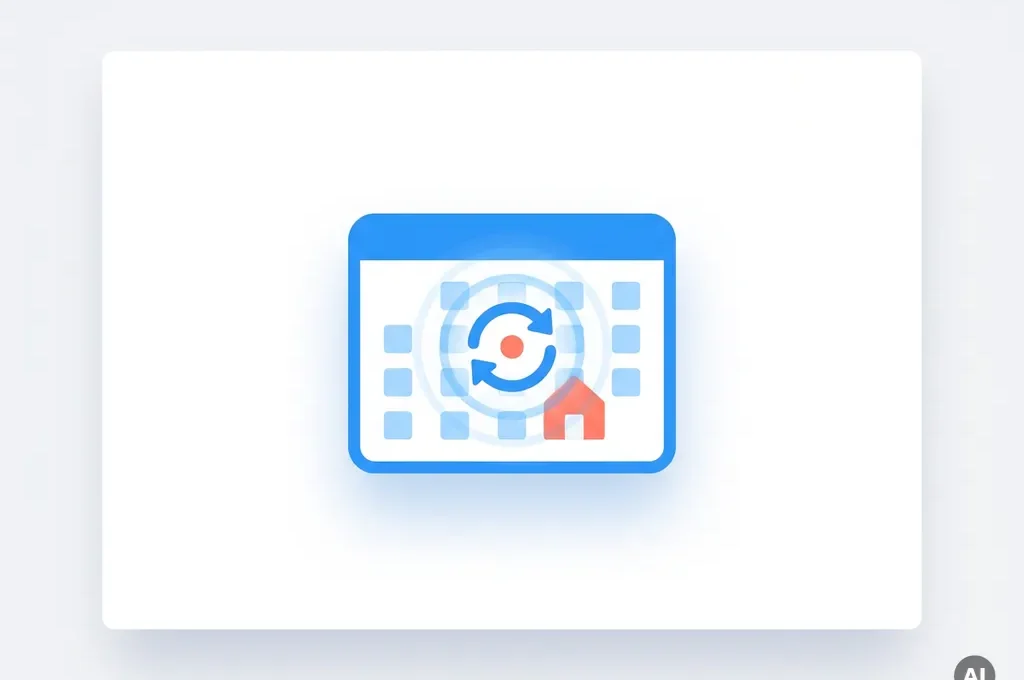 Platte vectorillustratie van een kalender-icoon met synchronisatiepijlen en een huisje, blauwe accentringen op witte achtergrond.