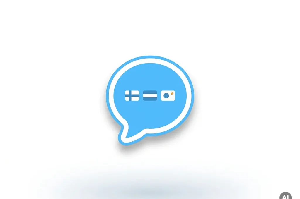 Blauw-wit spraakbubbelicoon met drie miniatuurvlaggen die meertalige communicatie symboliseren, vlakke minimale illustratiestijl.