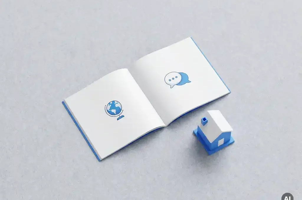 Digitale gastenboekje open bij een meertalige pagina met globe- en spraakballonpictogrammen, naast een miniatuur huismodel op grijs oppervlak.