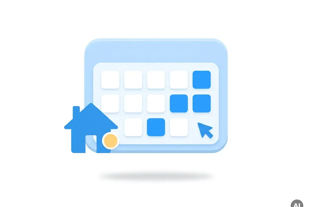 Minimalistisch boekingskalender-icoon met huissilhouet en cursor in blauw en wit, vlakke digitale illustratiestijl.