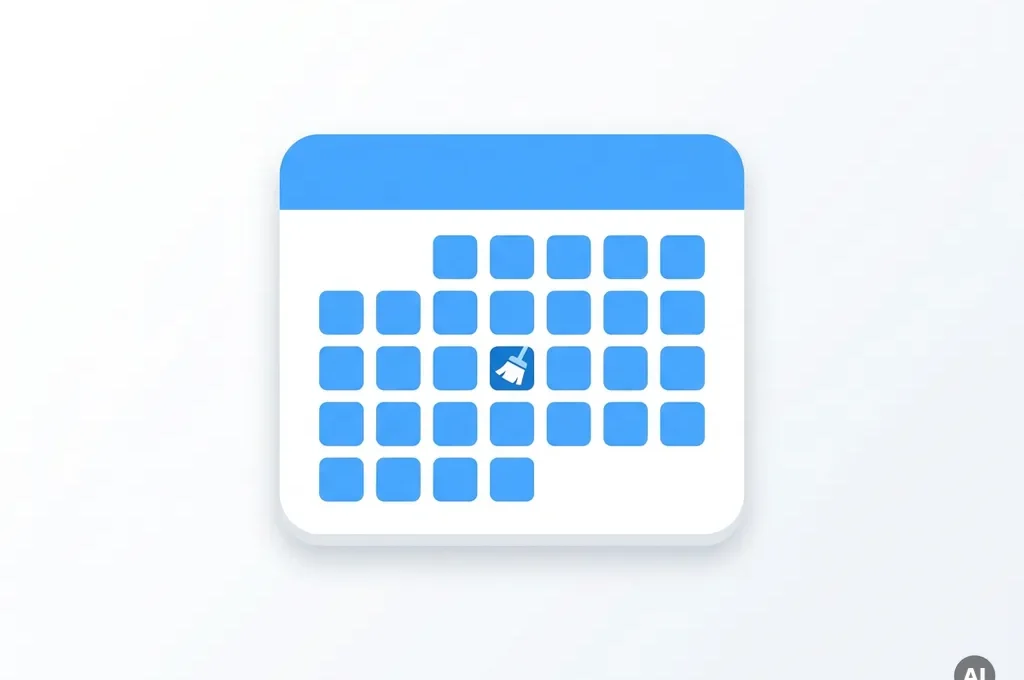 Platte kalenderillustratie met maandrooster in blauw-wit, schoonmaakicoon in één cel, minimalistische digitale stijl.