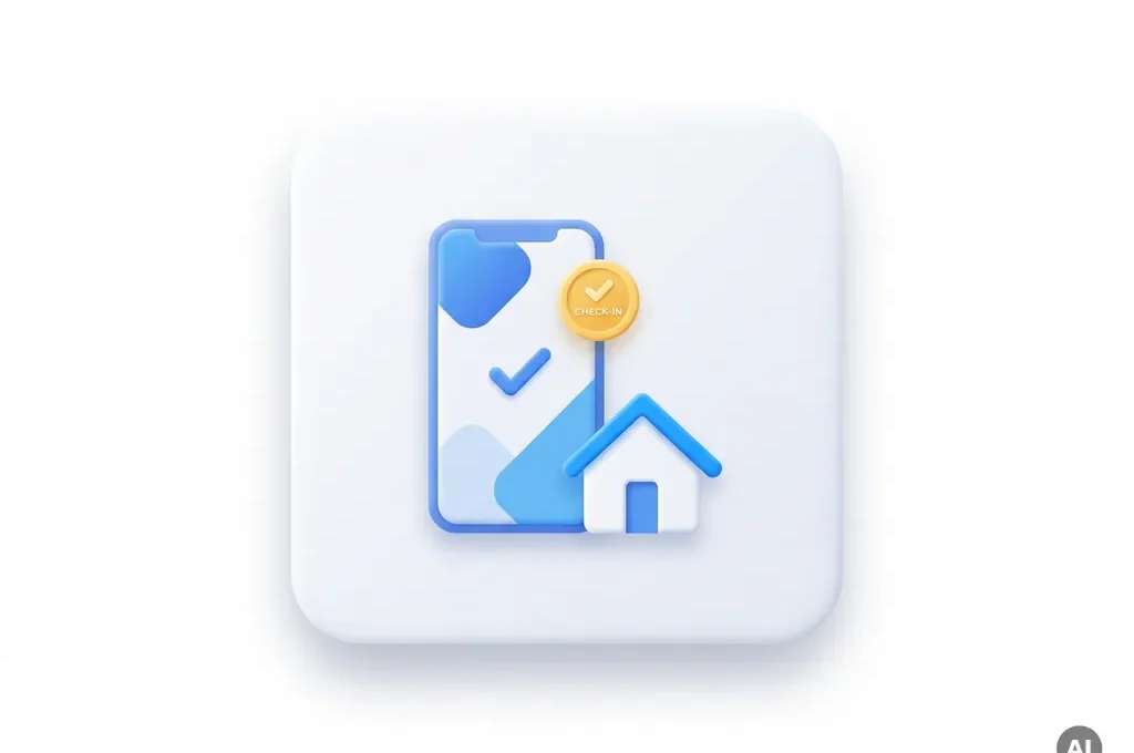 Smartphone met digitaal inchecken bevestigingsscherm naast miniatuur wit huis met blauw dak, moderne flat design stijl.