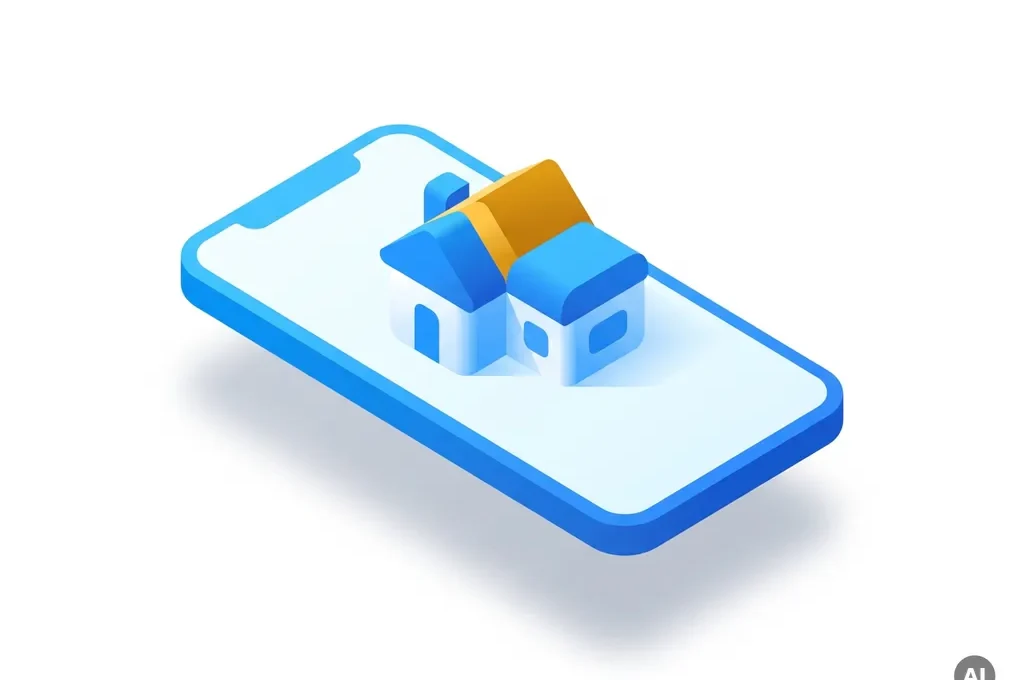 Smartphone met vakantiewoning op scherm, strak flat-design illustratie in blauw-wit met warmgeel dak accent.