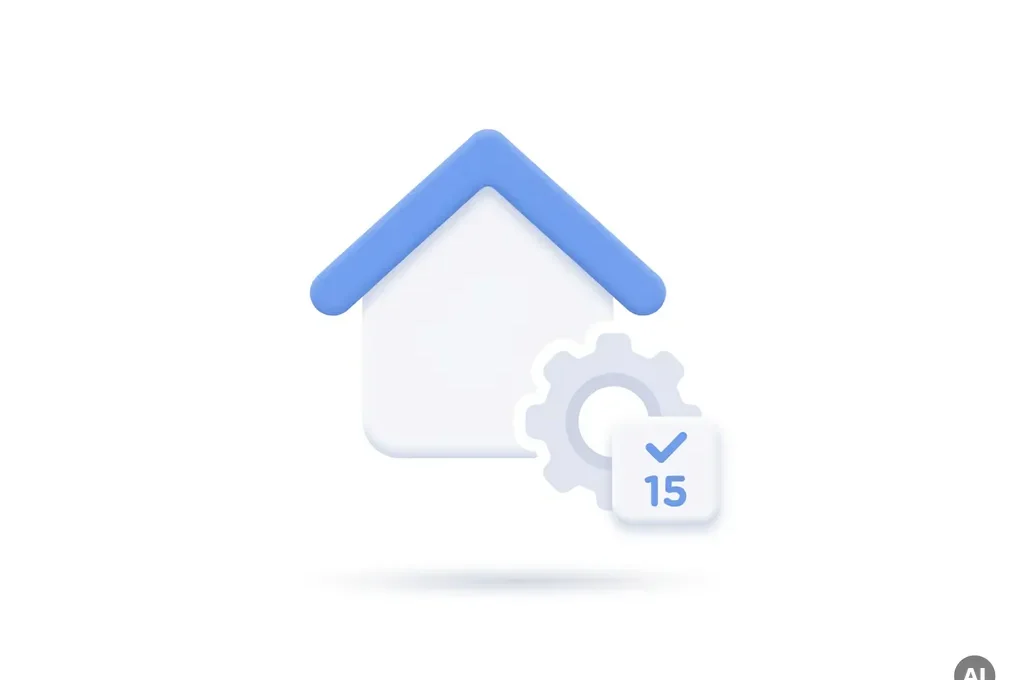 Minimalistisch flat-design icoon van een wit vakantiehuisje met blauw dak, tandwiel en kalender die geautomatiseerde planning symboliseren.