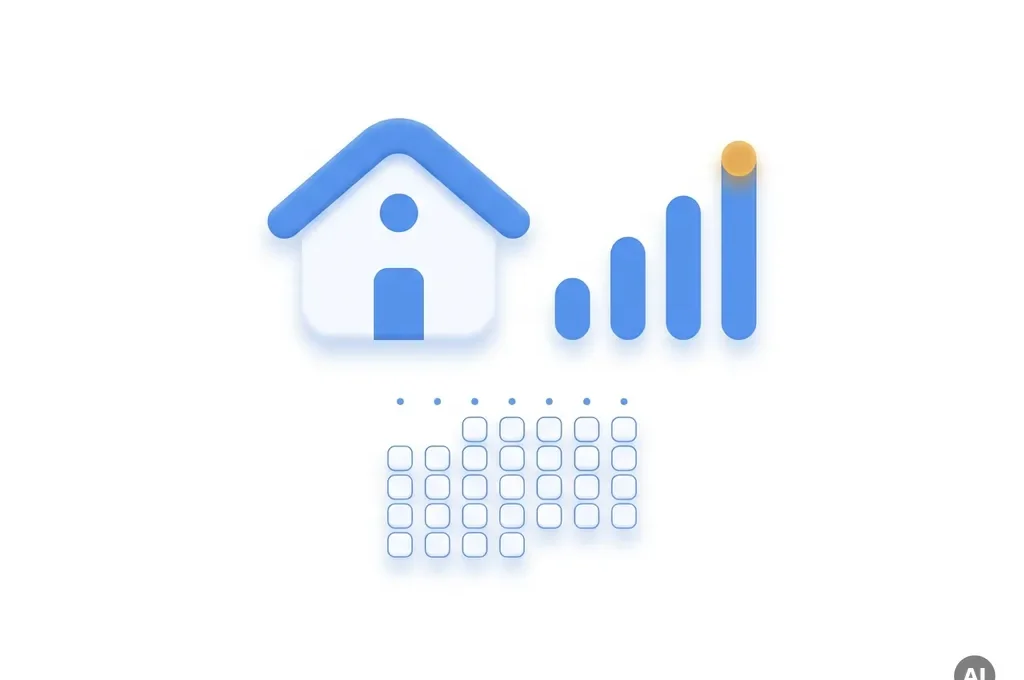 Wit vakantiehuisje met blauwe bezettingsgrafiek en kalender, minimale flat-style illustratie.