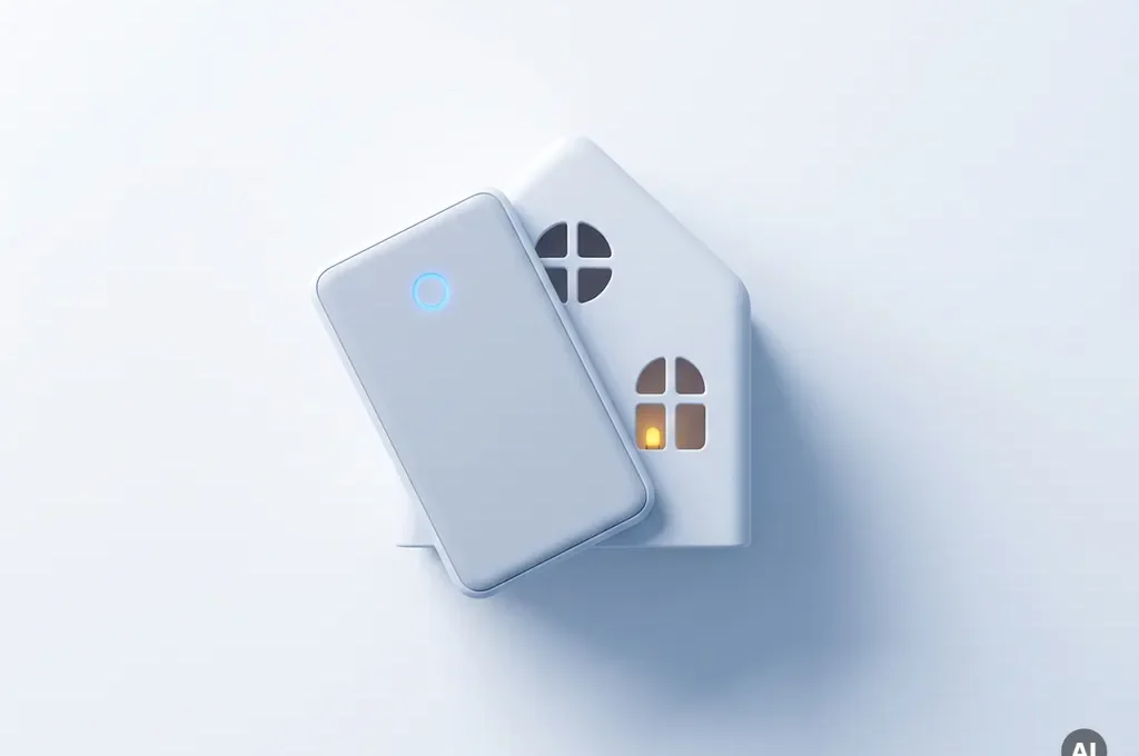 Digitale sleutelkaart met blauw toegangsindicatorlampje naast minimalistische vakantiewoning, overhead flatlay op witte achtergrond.