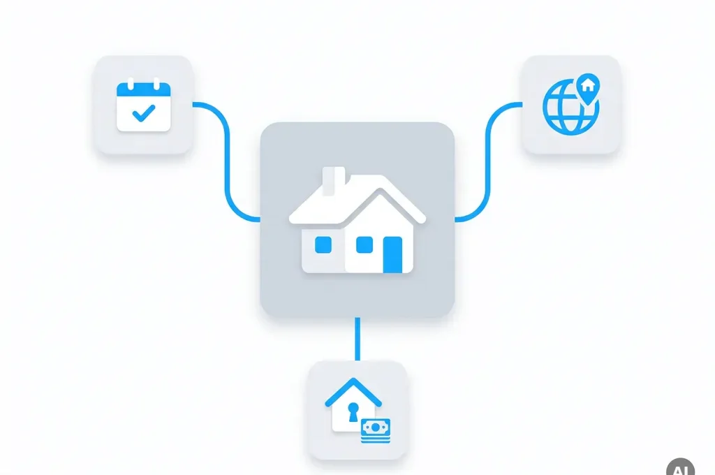 Vakantiewoning icoon verbonden met drie boekingsplatformen via blauwe lijnen, symbool voor multi-channel synchronisatie.