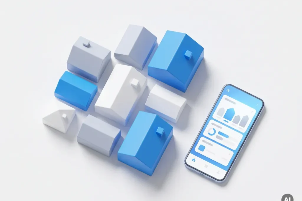 Bovenaanzicht van miniatuur huismodellen en smartphone met dashboard op wit oppervlak, stijlvolle 3D-render in blauw en wit.