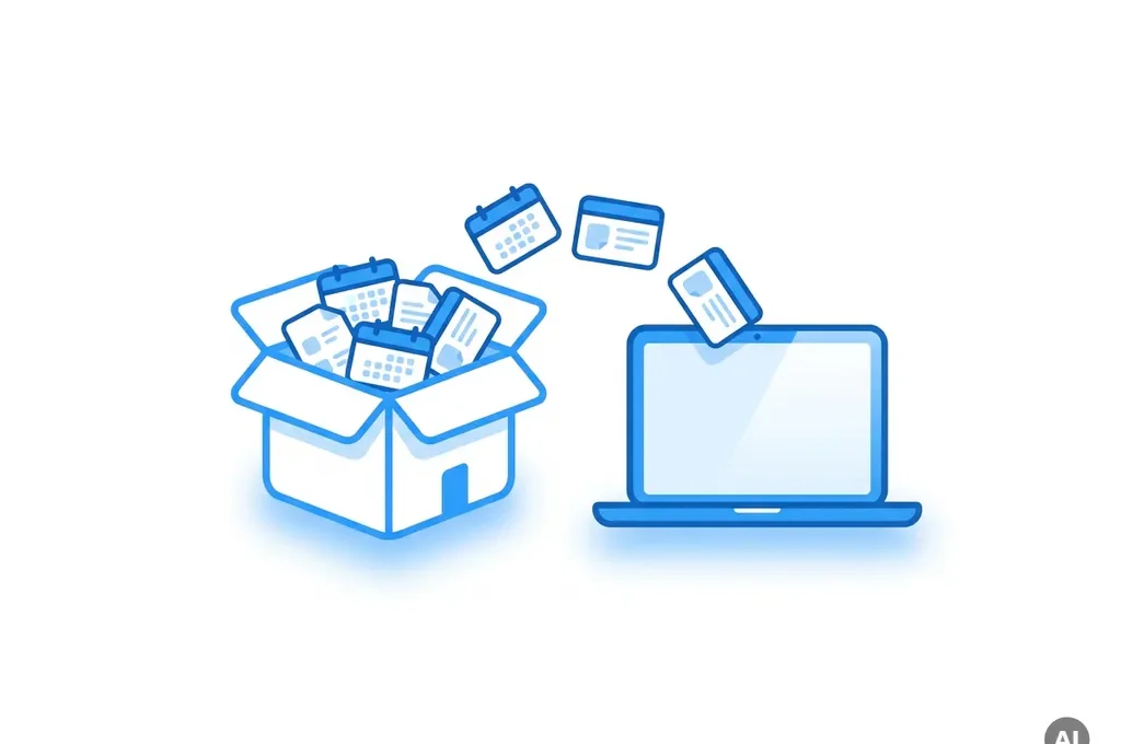 Platte digitale illustratie van een verhuisdoos met kalenderkaarten en boekingsbewijzen die in een laptop vliegen, blauw-wit.